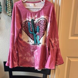 Vibrant Pink Long Sleeve Kids Tee with Cactus Heart Design with bell sleeves